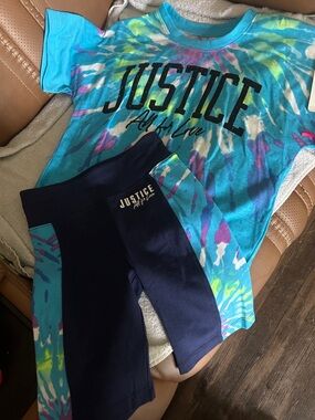 S-7/8 Justice Tie-Dye Tee with Navy Active Shorts - Blue, Purple, Teal